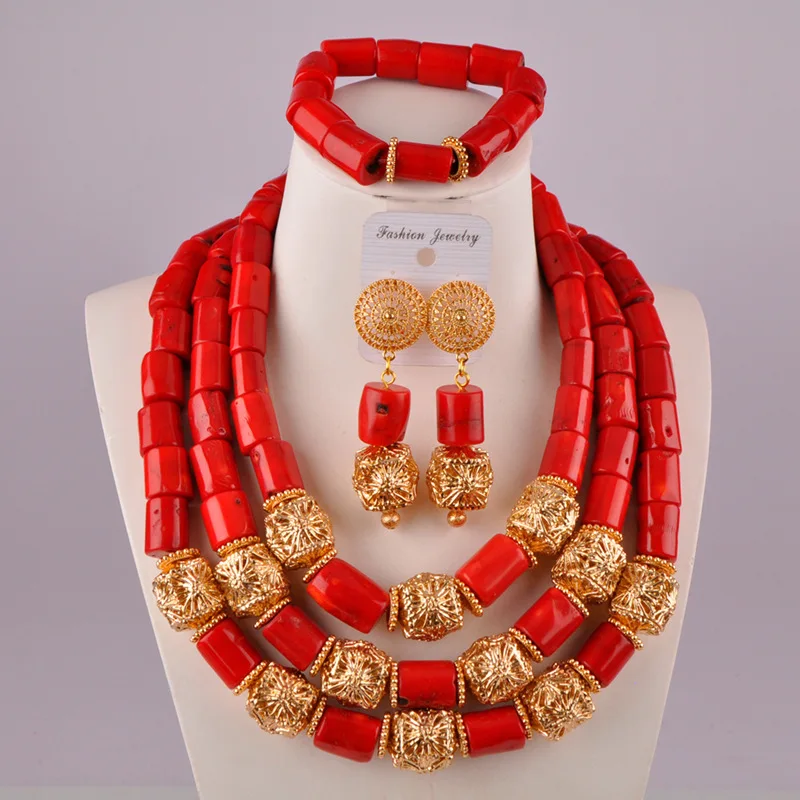 

glorious red african wedding coral set nigerian coral beads bridal jewelry sets C21-36-04