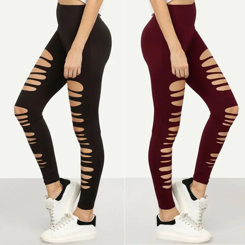 

Women's Stretchy Ripped Slim Fit Skinny Leggings Trousers Casual Pencil Pants hollow out stretch Bodycon