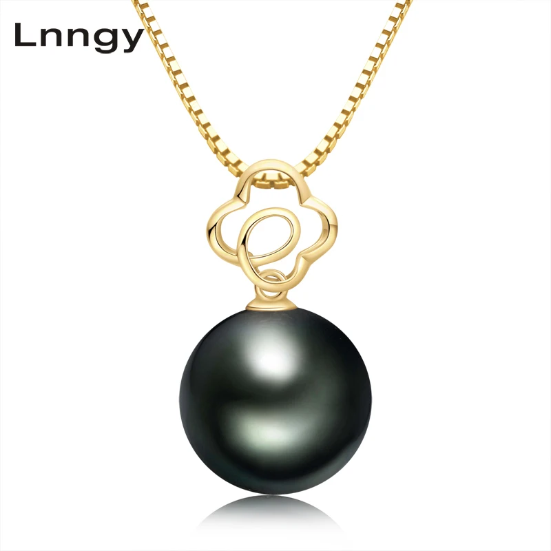 

Lnngy 18K Solid Gold Black Pearl Pendant Hollow Flower Natural Tahiti Pearl Women Wedding Pendant With Silver Necklace(Gift)