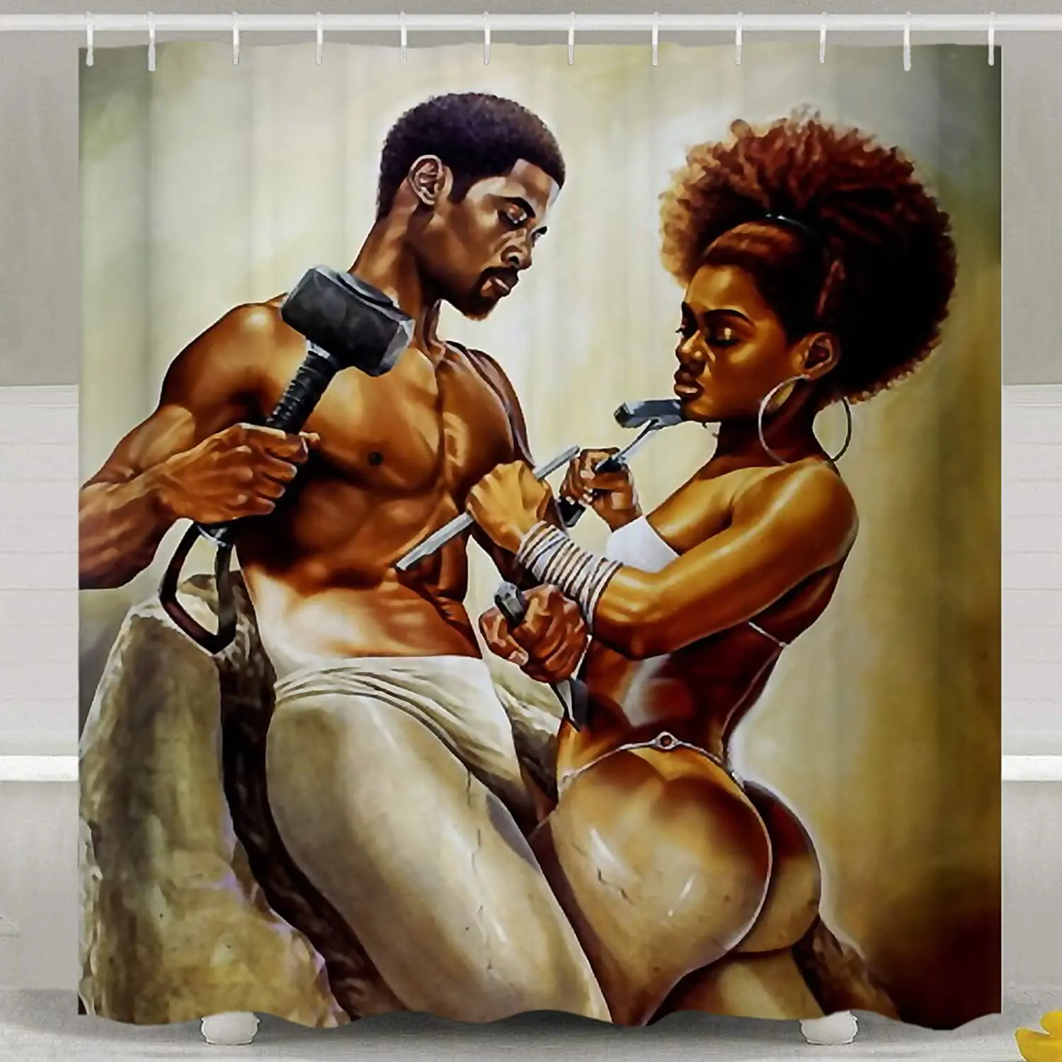 

Shower Curtain Liner African Couple Lover Sculpture Art Oil Painting Bath Curtains Waterproof Bathroom Decor Set with 12 Hooks