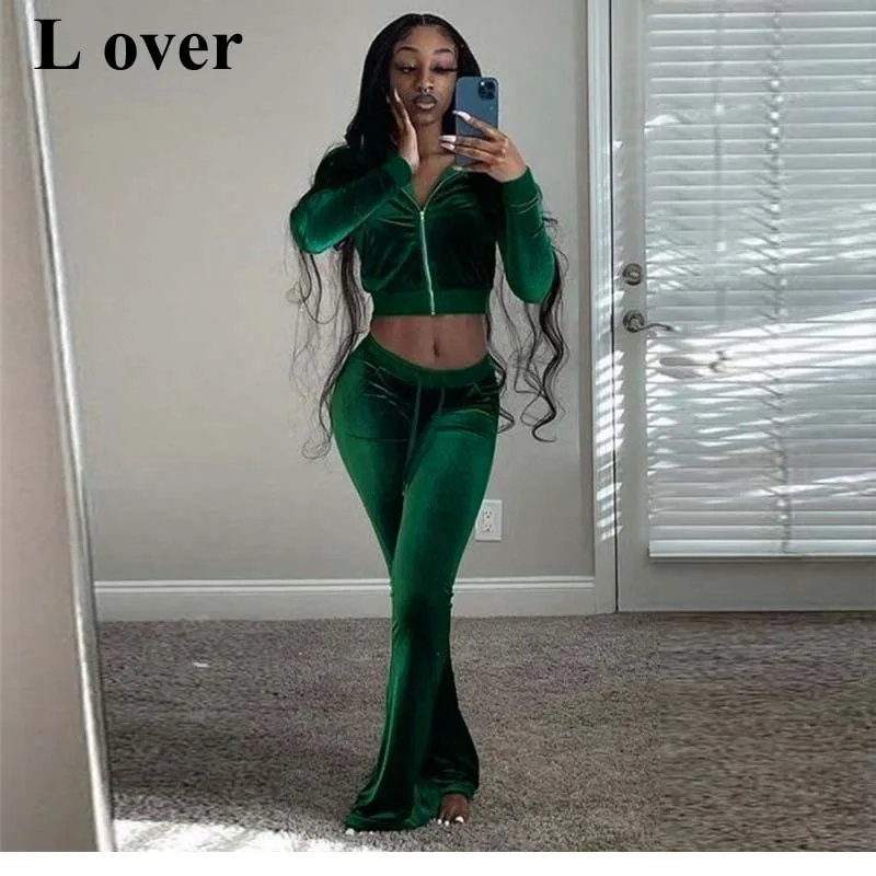 

Solid Velour Two Piece Set Women Tracksuit Simple Casual Zipper Long Sleeve Bandage Lace Female Wide Leg Pants Jogging Suits