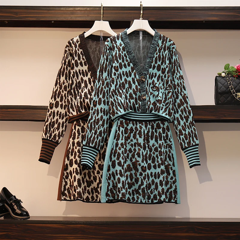 

Fashion Sexy Leopard Printed Women 2PCE Set Long Sleeve knitting Top+Short skirt Casual Bodycon Suits Female Two Pieces Sets big
