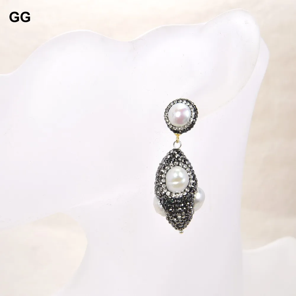 GuaiGuai ювелирные изделия 2 &quotнатуральный белый жемчуг черный CZ серьги жемчужные