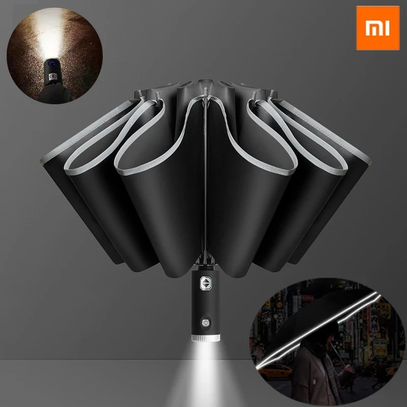 

NEW2022 Xiaomi Umbrella Women's Automatic Umbrella Male LED Automatic With Reflective Stripe 3-Folding Inverted 10 Ribs UV