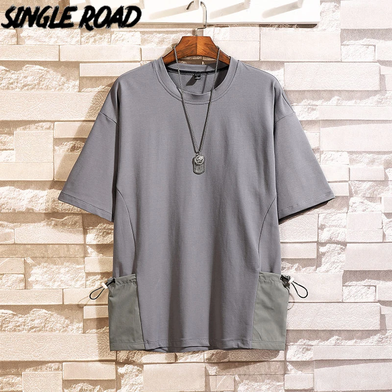 Мужская Однотонная футболка SingleRoad хлопковая Футболка оверсайз с карманами в