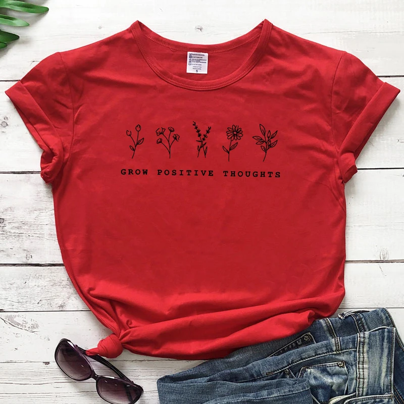 red-black text Футболка с надписью «Grow положительные идеи» винтажная женская футболка с цветочным принтом летняя вдохновленная футболка в стиле бохо - Цвет: red-black text