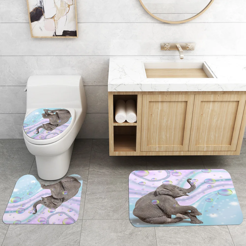 Fantasy Bubble Funny Elephant Fabric Bathroom Shower Curtain Cute Cartoon Animals Non-Slip Rugs Toilet Lid Cover and Bath Mat | Дом и сад