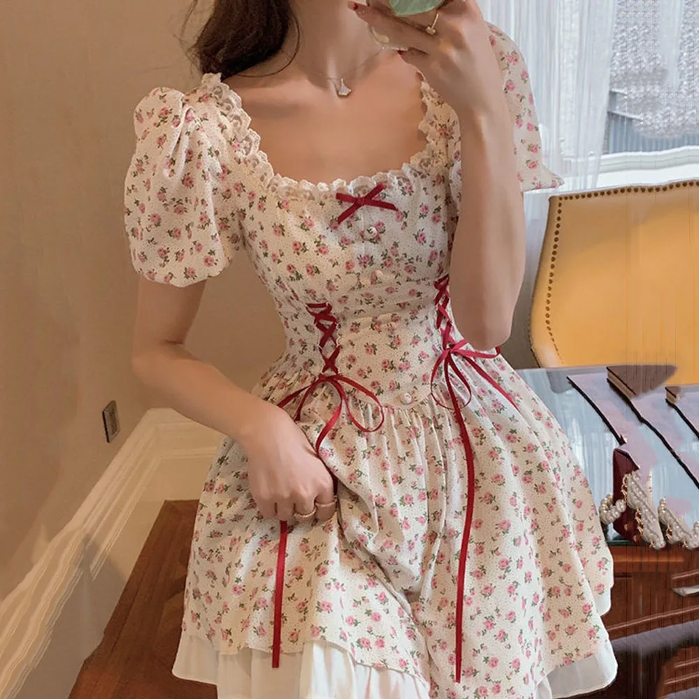 

Women's Autumn Dress Cute And Sweet Style Bow Tie Lace Ruffle Design Slim Waist Square Collar Puff Sleeve Flower Print Dresses