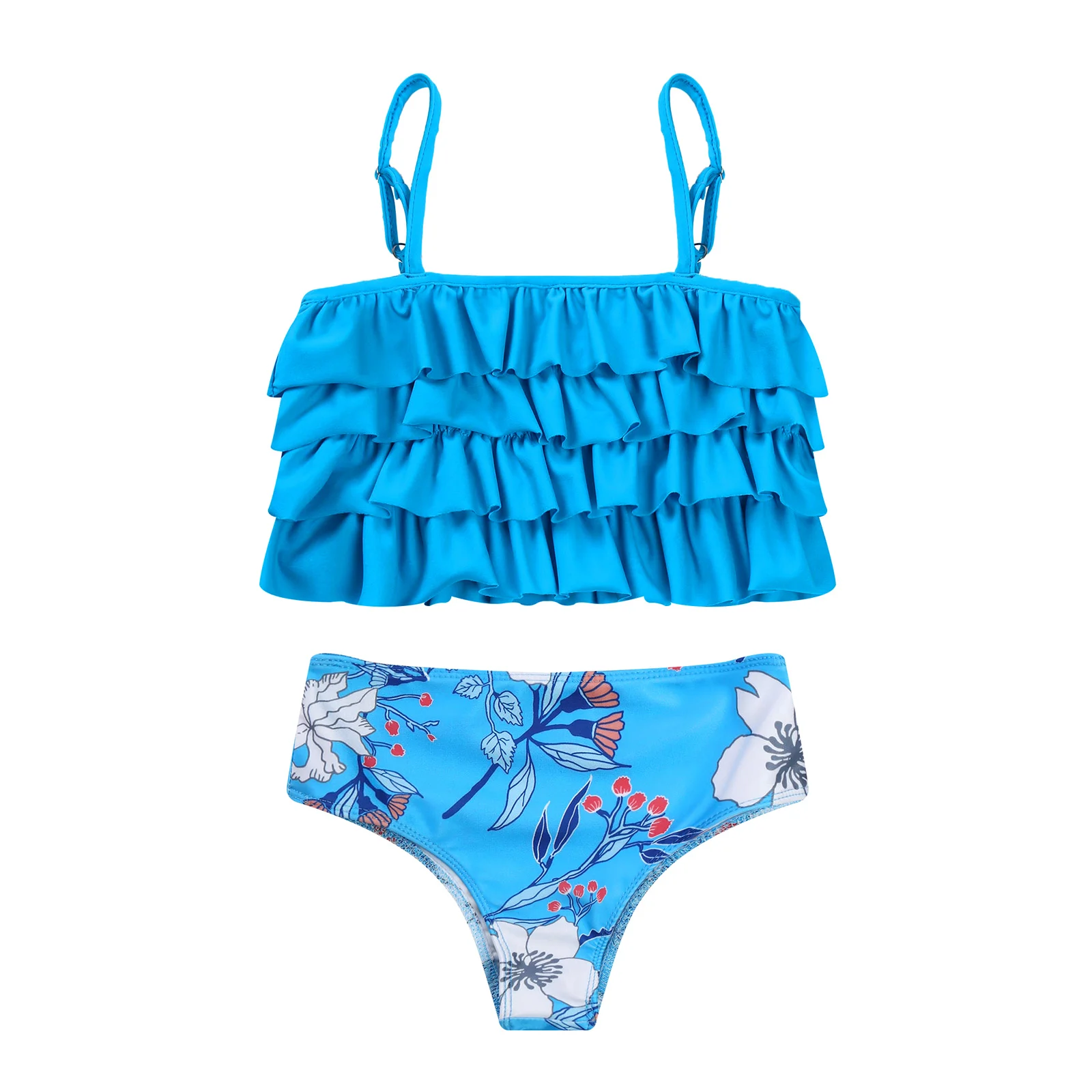 

Kids Girls Floral Print Swimwear Adjustable Spaghetti Straps Layered Ruffle Hem Adorned Top and Bottoms Set Beach Bathing Suits