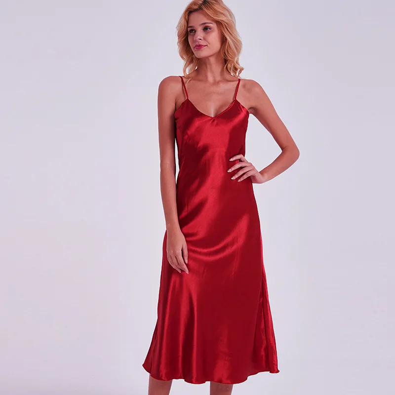 

Nightgowns&Sleepshirts V-Neck Silk Satin Homewear Women Sleepwear Summer Sexy Lingerie Casual Outside Long Nightdress Robe Femme