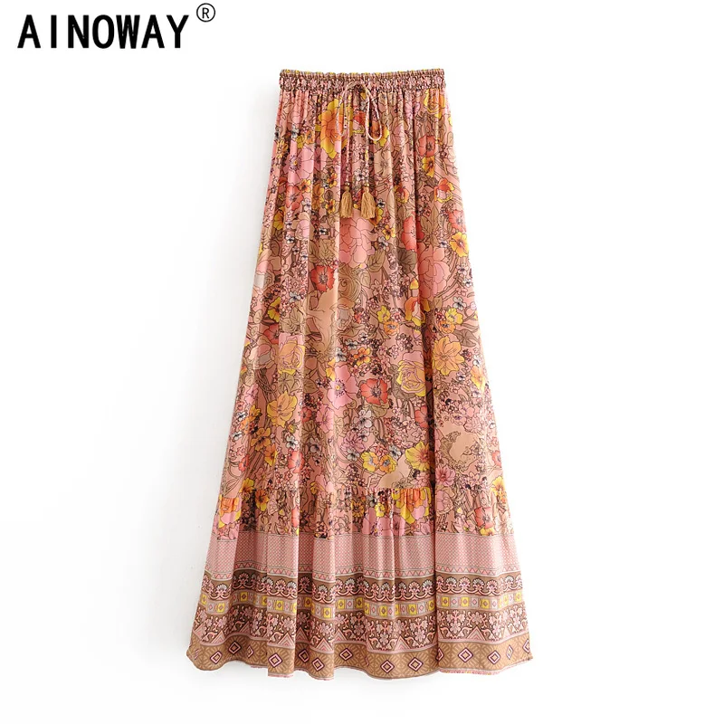 

Винтажная шикарная Женская пляжная юбка FAKUNTN с цветочным принтом в стиле хиппи, богемная юбка с высокой талией, хлопковая Макси трапециевид...
