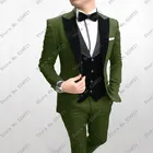 Новейший смокинг жениха с бархатными лацканами оливково-зеленый + черный мужские костюмы для свадьбы Лучший человек (пиджак + брюки + галстук-бабочка + жилет) C623