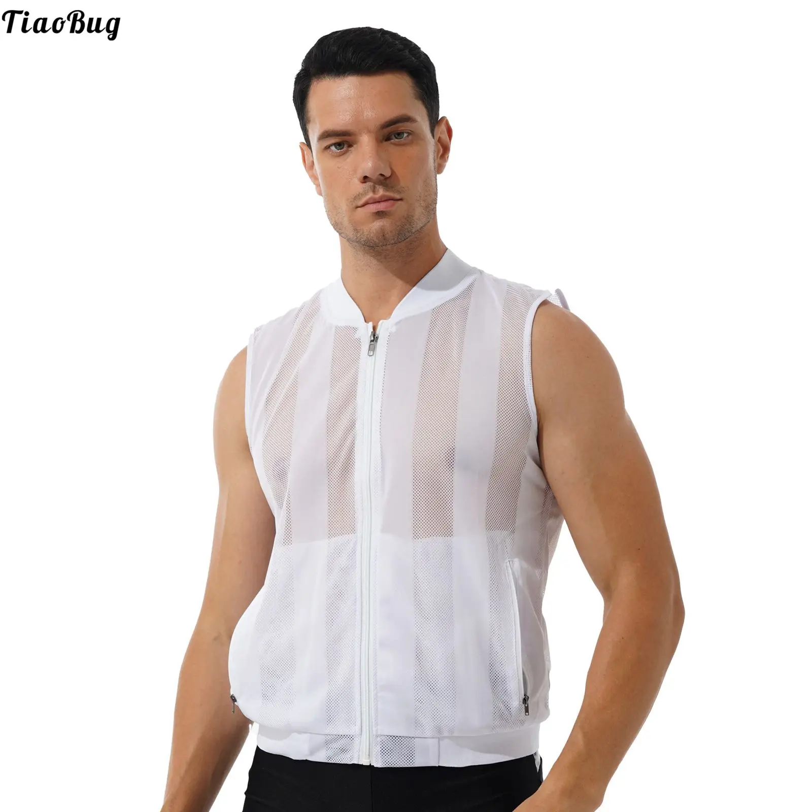 

TiaoBug Men See-Through Mesh Sleeveless Sport Jacket Outdoor Golf Fishing Travel Waistcoat Zipper Front Running Vest