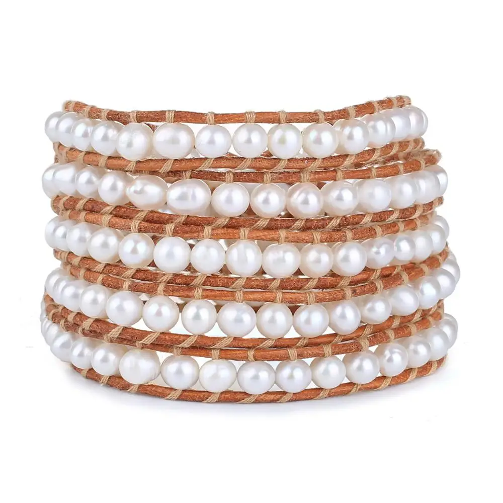 

KELITCH Natural Pearls Bracelets Handmade 5 Wrap Leather Bracelets Strand Cuff Bangles Female Women Mom Festival Gift Jewelry