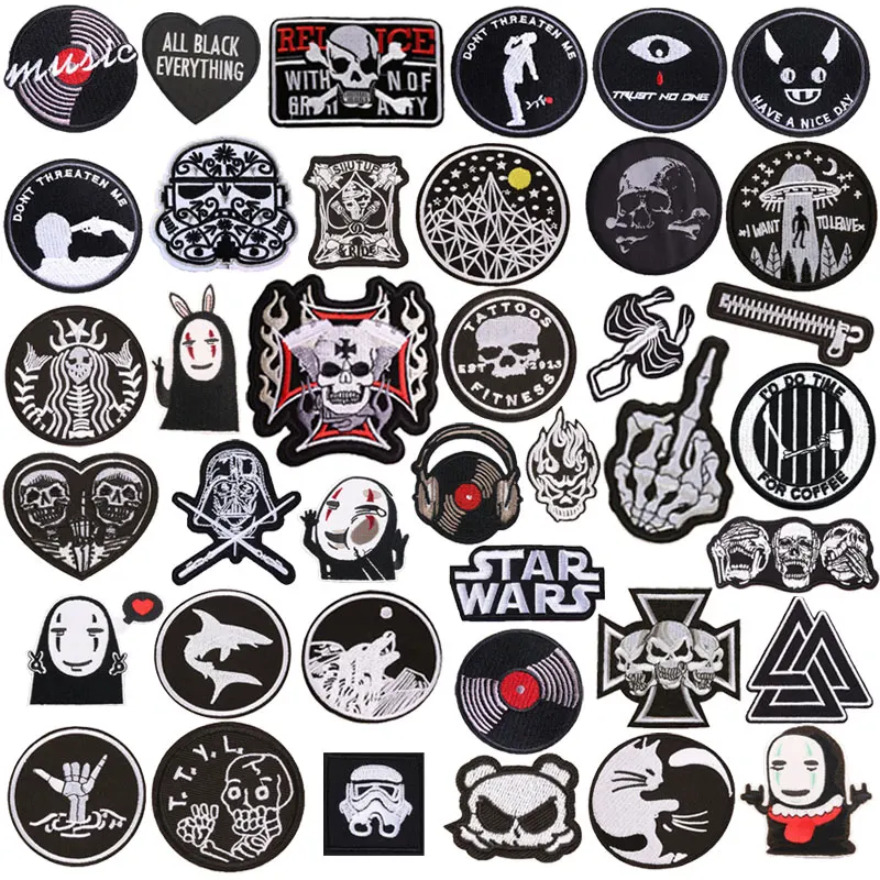 

Black and White Embroidery Applique Ironing Sewing Supplies Decorative Badges Patches for Clothing Skull Stickers Punk Patch