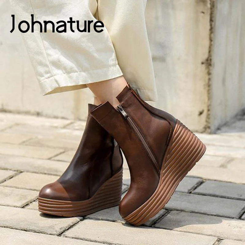 

Johnature 2022 New Women Boots Winter Zip Genuine Leather Women Shoes Round Toe Wedges Handmade Concise Ankle Platform Boots