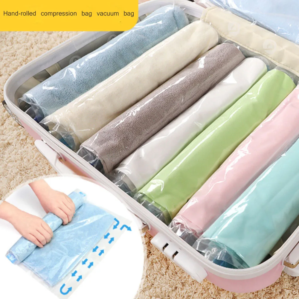 

Clothing Compression Storage Bags Hand Rolling Clothes Plastic Vacuum Packaging Bags Travel Space Saver Bags For Luggage