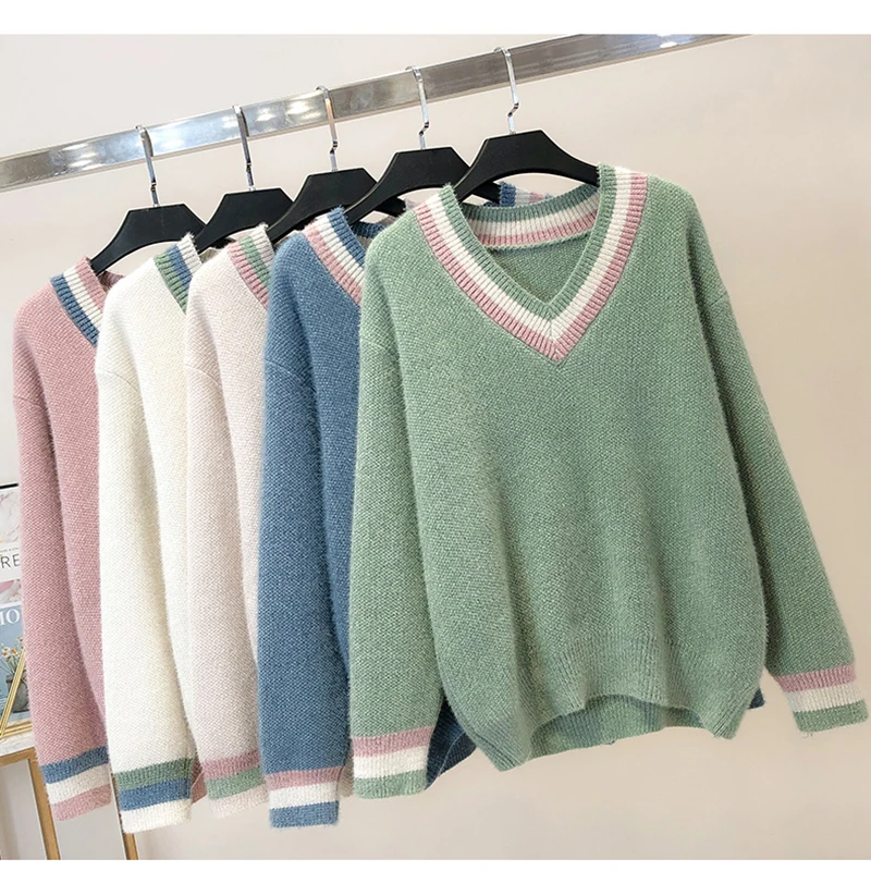 

Свободный женский свитер, модель 2021 года, толстый пуловер с V-образным вырезом, подходящий по цвету свитер, удобный корейский трикотажный то...