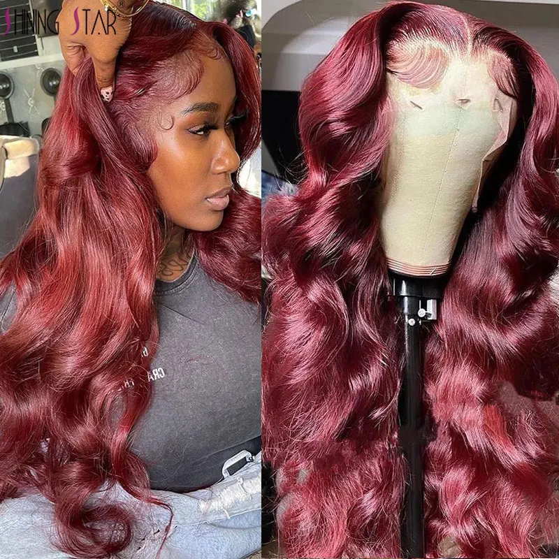 

Colored Burgundy Lace Front Wig Red Pre Plucked 13X4 Hd Lace Frontal Wigs Human Hair 30 Inch Body Wave Lace Front Wig Curly Hair