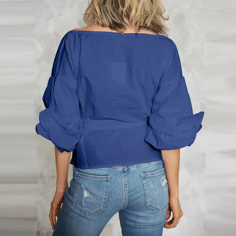 

2021 Spring Fashion V Neck Women Blouses Elegant Puff Sleeve Belted Tops Casual Loose Solid Color Wrap Tunic