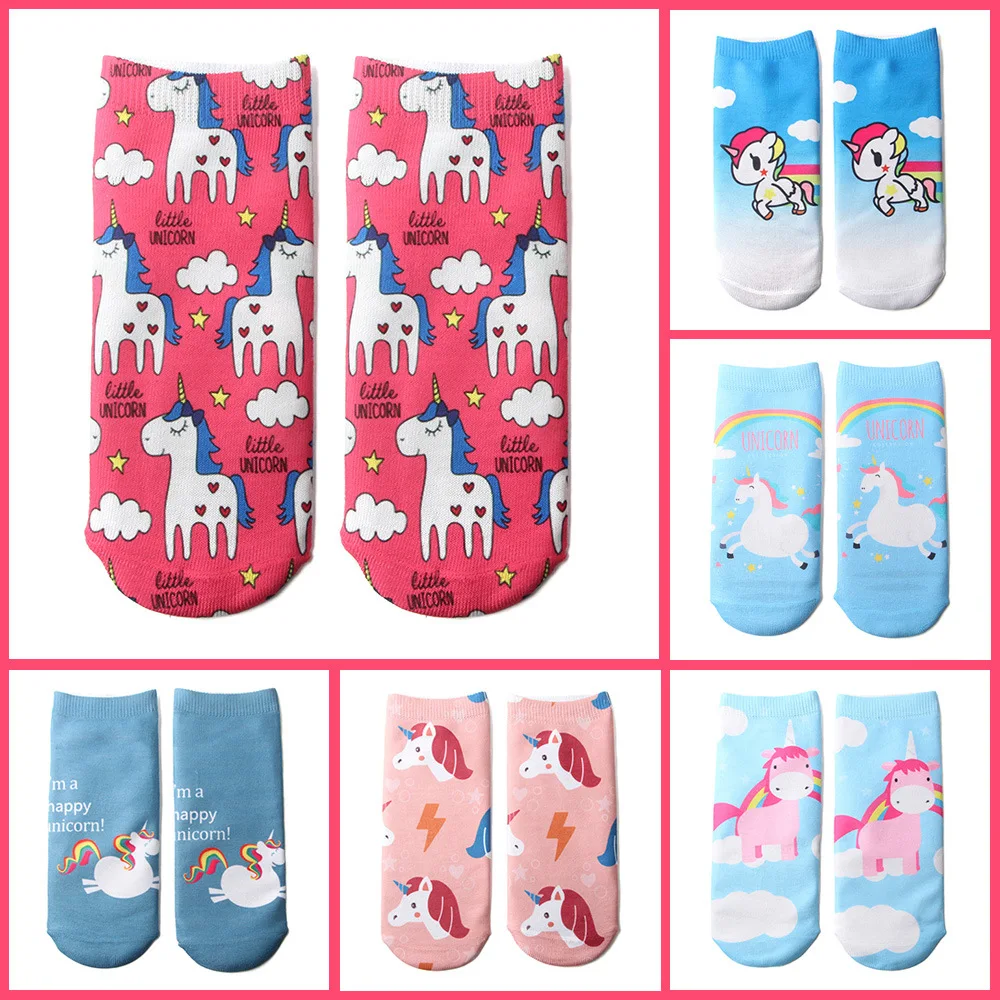 Woman Kawaii Unicorn Socks With 3D Print Harajuku Animal Casual Low Cut E Girl Aesthetic Pink Blue Happy Crew Socks Women Cotton
