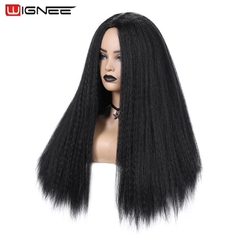 

Wignee Kinky Straight Wig Synthetic Wig Middle Part Wigs For Bleack Women/Men Yaki Straight Heat Resistant Fiber African Wig