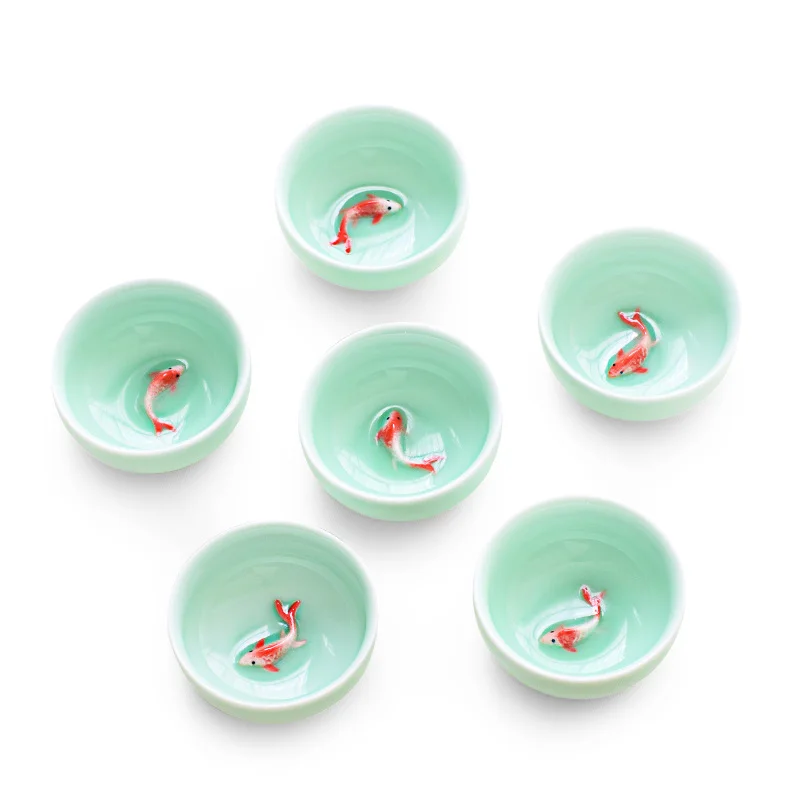 

6Pcs/Set Office Tea Cup Creative Celadon 3D Fish Teacups Crackle Glaze Travel Tea Bowl Porcelain Kung Fu Water Mug Drinkware
