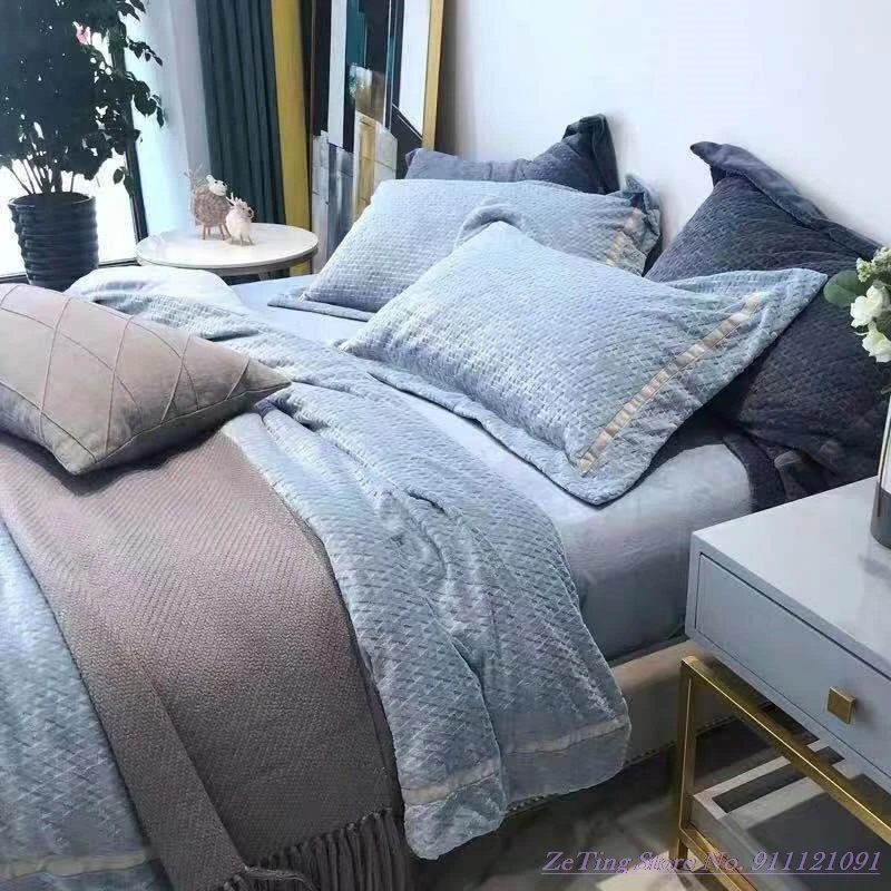 

Thicken carved coral fleece 4pcs Bedding Set flannel double-sided fleece simple solid color Home Textile winter warm duvet cover