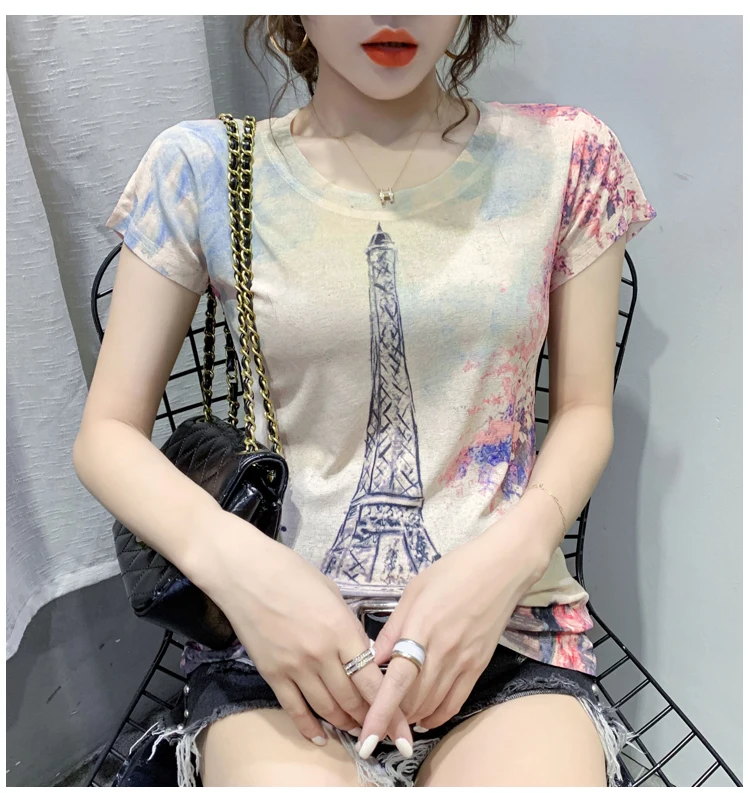 

Korean style Front and back fashion character print t-shirt women 2020 summer new style slim o-neck Short sleeve tops