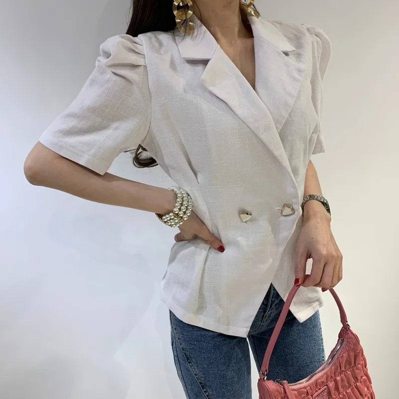

Women Solid Short Sleeve Blazer Tops Notched Button Slim Waist Office Lady Work Elegant Thin Coats Korean Chic Summer