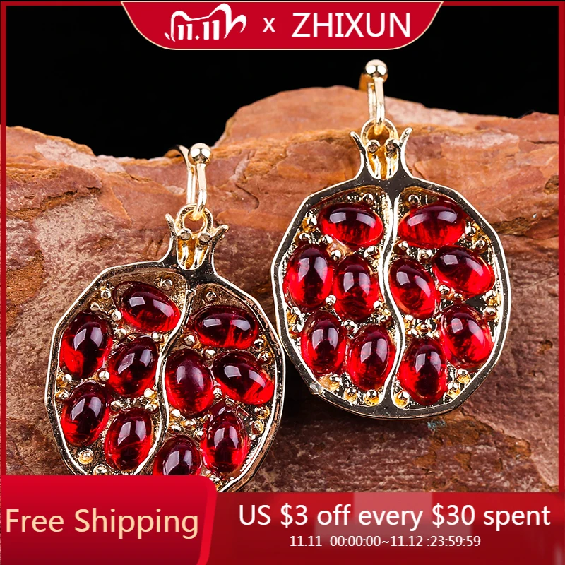 

Vintage Gold Color Red Garnet Earrings For Women CZ Stone Round Beaded Inlay Dangle Drop Wedding Jewelry Gifts H5M269
