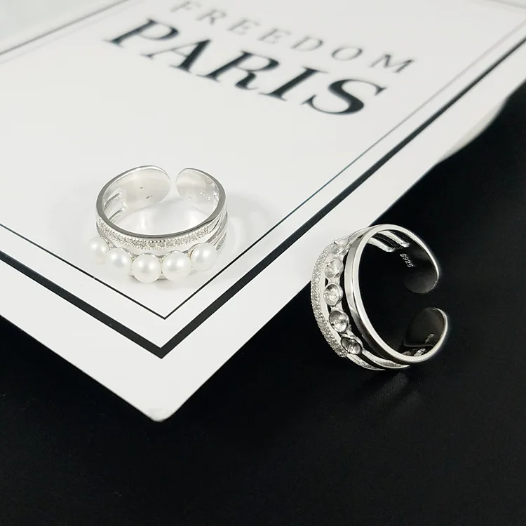 

S925 New style hand jewelry silver open diamond pearl ring female fashion temperament ring setting for women sterling silver