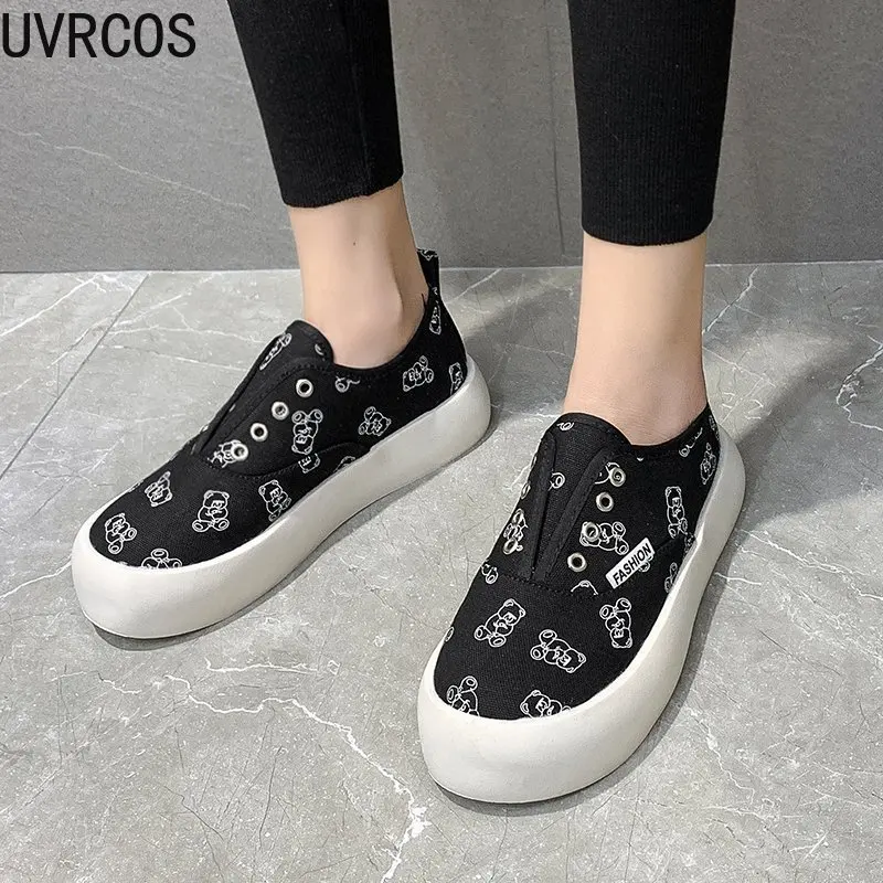 

2021 New Women's Canvas Shoes Fashion All-match Vamp Animal Decals Cute Thick-soled One-step Women's Vulcanized Shoes