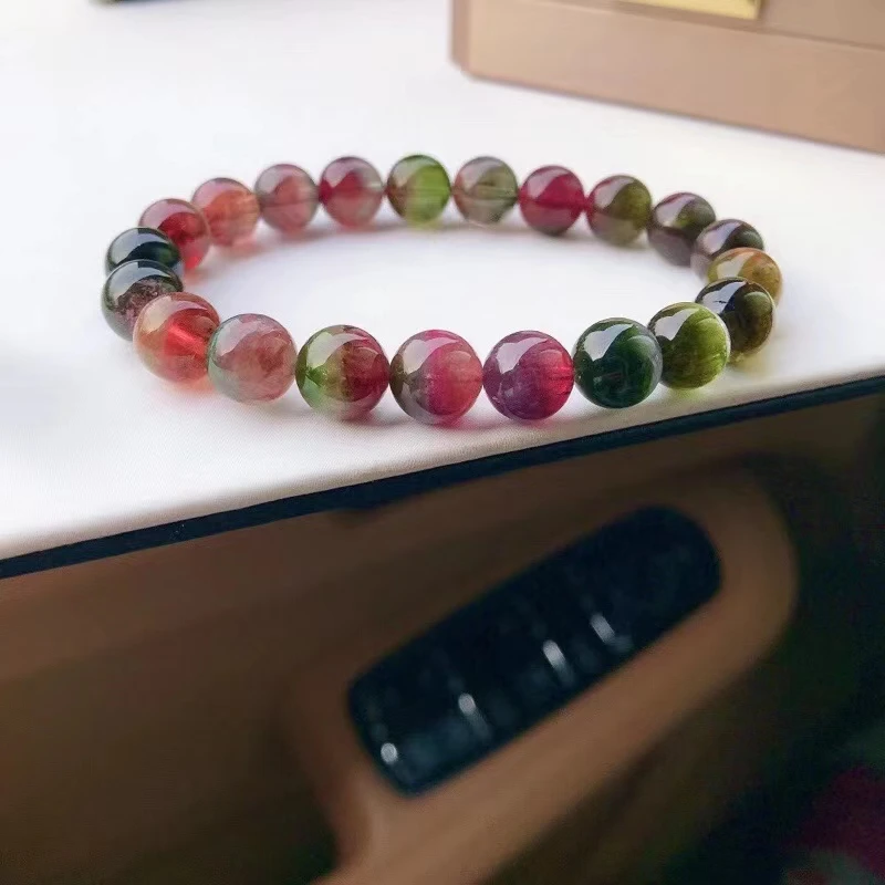 

Genuine Natural Colorful Tourmaline Watermelon Quartz Bracelet Clear Round Beads 9mm Women Men Crystal Stretch Bangle AAAAA