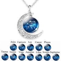 12 zodiac signs necklaces cabochon glass crescent moon pendant constellation necklace birthday gift for women