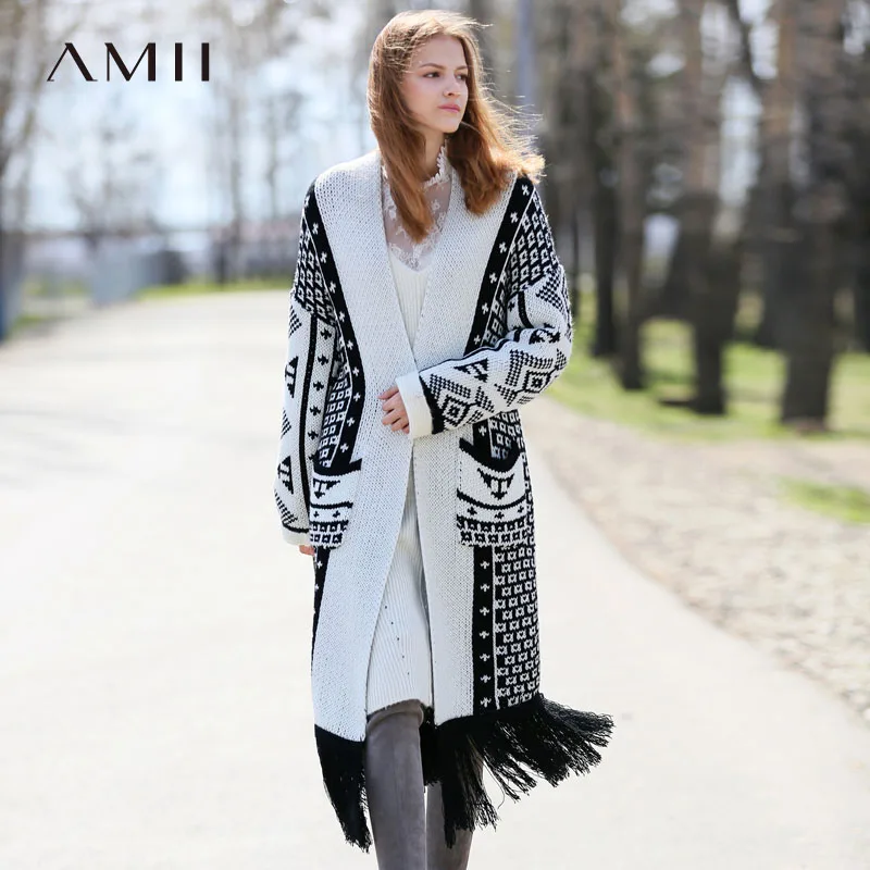 Женский вязаный кардиган Amii длинный свободный с кисточками оригинальный дизайн
