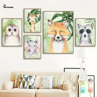 green leaf jungle cute animals posters and prints owl fox raccoon koala wall art canvas painting nordic wall kids room decor