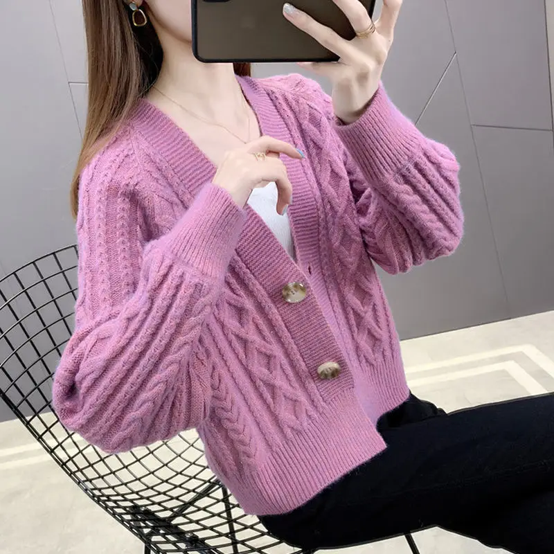 

Women 2021 Spring Summer Twisted Short Casual Sweater Cardigan Long Sleeve V-neck New Female Knitted Jacket Knitwear Tops C103