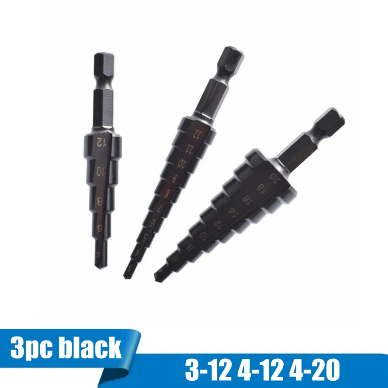 

3 шт., ступенчатое сверло с шестигранным хвостовиком, 3-12 4-12 4-20 дюймов