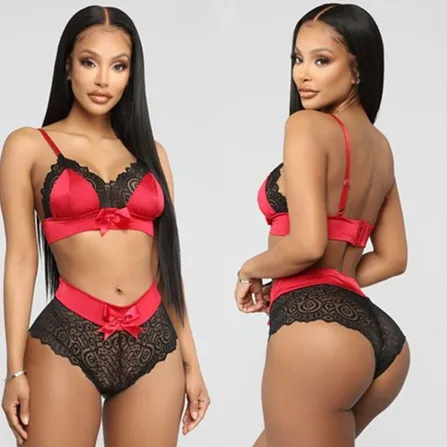 

Women Ladies Lace Nightwear Sleeping Lingerie See-Through Floral Fall Summer Bowknot Sling Bra Sexy Briefs Sets
