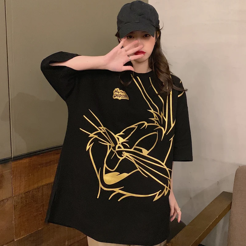 Винтажная футболка в гонконгском стиле с коротким рукавом Женская свободная