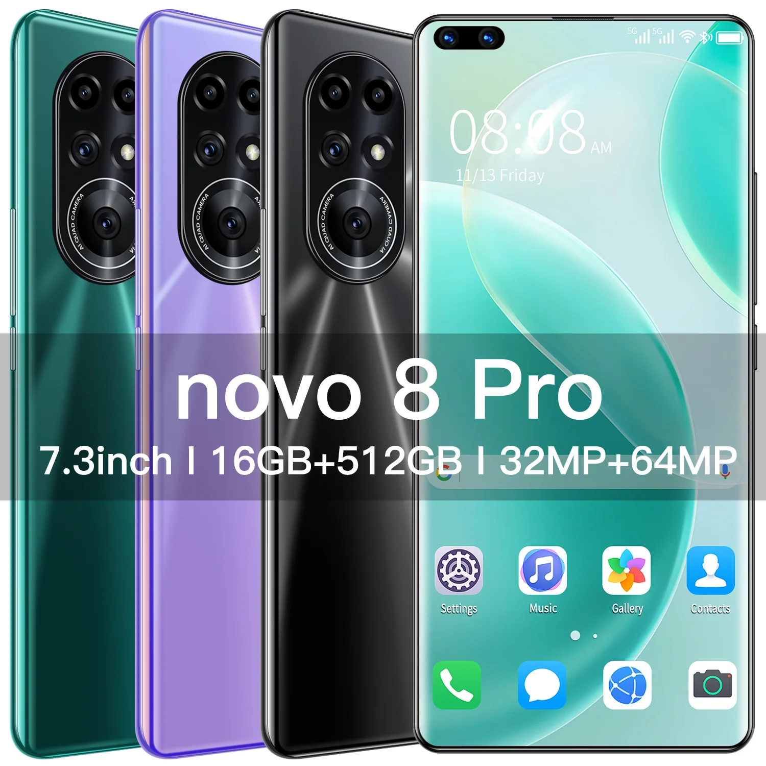 Novo-tel&eacute;fono inteligente 8 Pro, dispositivo con desbloqueo Global, Pantalla Completa HD de 7,3 pulgadas, 16GB, 512GB, Android 11, c&aacute;mara de 32 + 64MP, Bater&iacute;a grande de 6800mAh-0