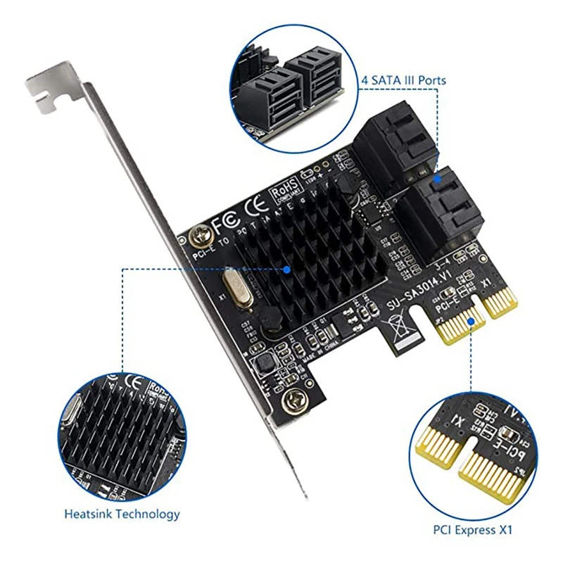 Новая PCIe SATA Плата расширения PCI-E X1 до 4-портового SATA3.0 6G карта компьютерного