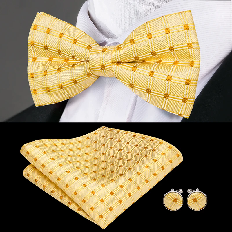 LH-759 Hi-Tie Classic Gold Bow Ties for Men Silk Butterfly Pre-Tied Bow Tie Pocket Square Cufflinks Set Wedding Party Yellow Bowtie - Цвет: LH-759