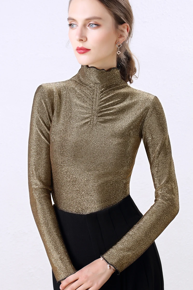 

ZP1979 The new high collar wood ear fashion Joker bright silk size base shirt women's T-shirt