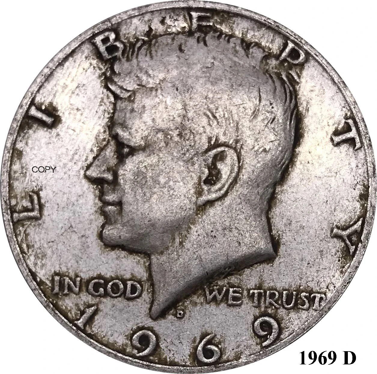 

США, 1969 D Америки, свобода 1/2, Кеннеди, США, полудоллар в Бог, мы доверяем E, многобус, купроникель, Посеребренная монета