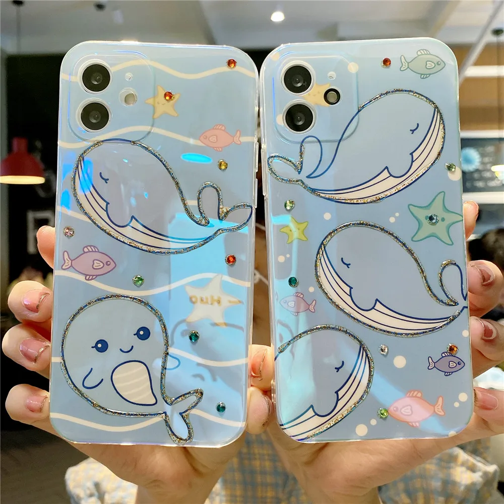 

Cartoon Cute Blue Whale Shockproof Phone Case For iPhone 12 11 PRO MAX XS XR 7 8 PLUS Fall-anti Silicone Frame Back Cover Shell