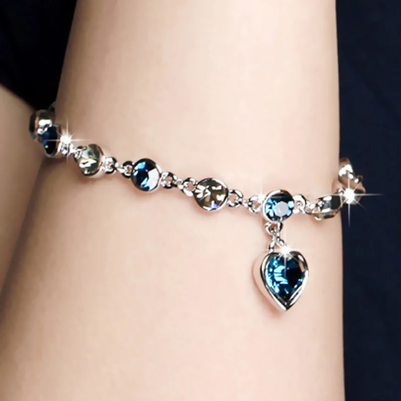 Женский браслет в форме сердца с голубыми кристаллами модный подарок для женщин