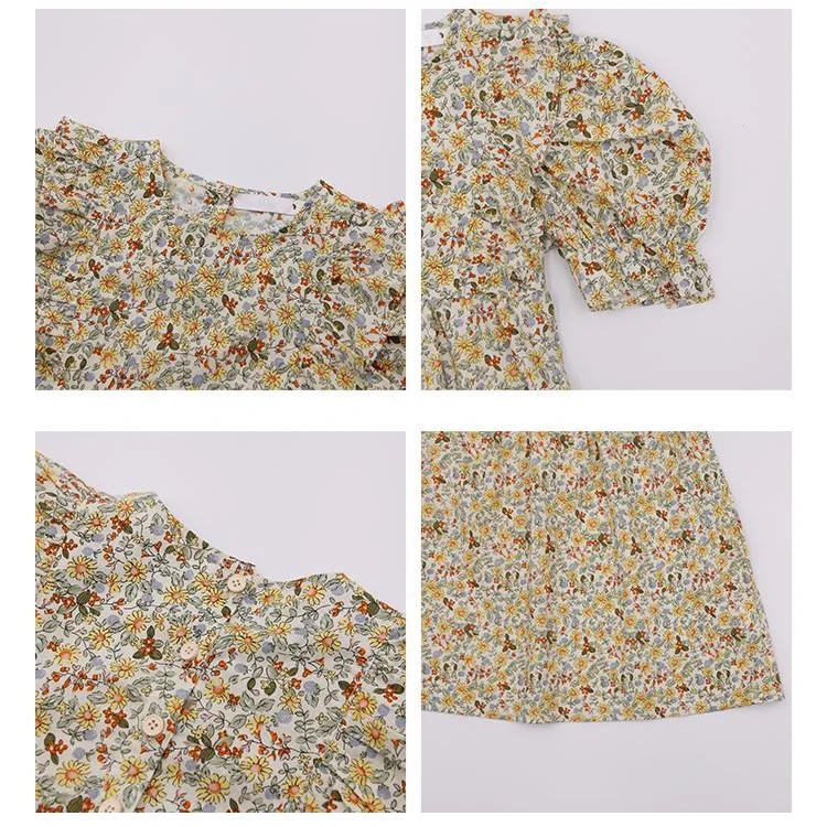 

Baby Girl Kid Children's Clothing New 2021 Floral Princess Dress Fashion Summer Clothes Puff Short sleeves Round neck Buttons