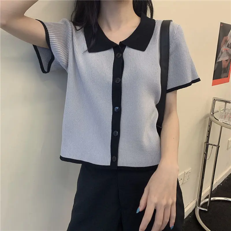 

T-shirts Women Short Sleeve Patchwork Leisure Fashion Comfortable Korean Style Chic Simple Knitted Outwear Students New Summer